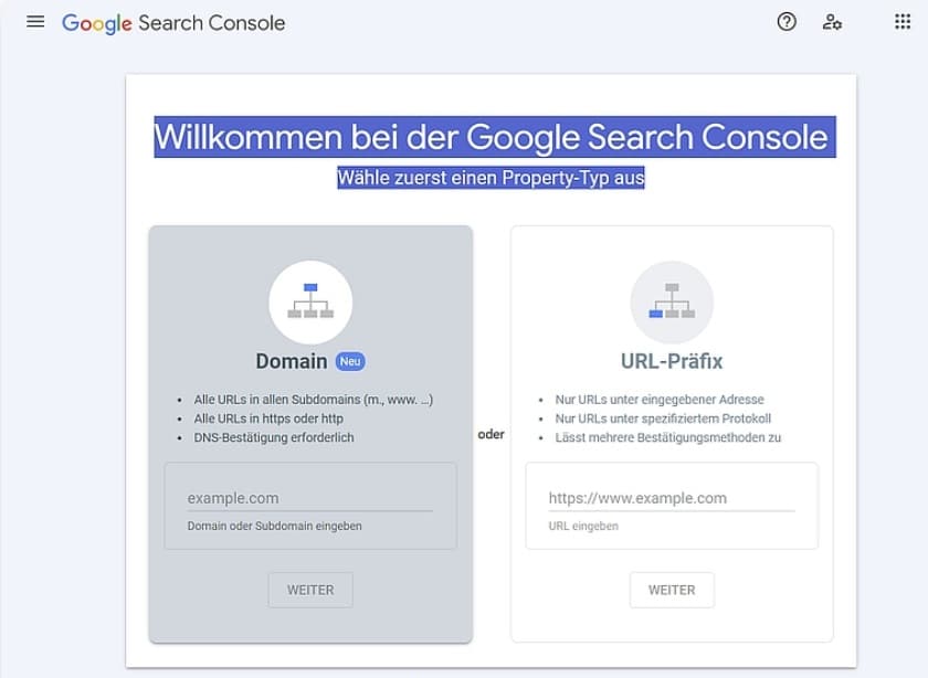 Google Search console Präfix Property